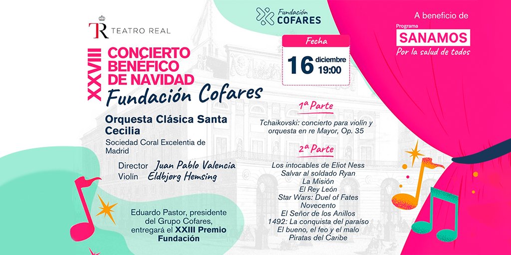 Cofares (@cofares) on Twitter photo El <a href="/Teatro_Real/">Teatro Real</a> acogerá el próximo 16 de diciembre el XXVIII Concierto Benéfico de Navidad de la #FundaciónCofares. Disfruta de una tarde repleta de música y solidaridad.
¡Hazte con tus entradas! 👉 bit.ly/3G1p5Fg El <a href="/Teatro_Real/">Teatro Real</a> acogerá el próximo 16 de diciembre el XXVIII Concierto Benéfico de Navidad de la #FundaciónCofares. Disfruta de una tarde repleta de música y solidaridad.
¡Hazte con tus entradas! 👉 bit.ly/3G1p5Fg