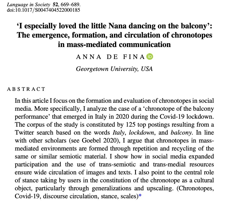 Language_In_Soc's tweet photo. IN CASE YOU MISSED IT
"‘I especially loved the little Nana dancing on the balcony’: The emergence, formation, and circulation of chronotopes in mass-mediated communication" by @defina1
https://t.co/Ah5UWNUg0r
#Chronotopes #Covid19 #DiscourseCirculation #Stance #Scales https://t.co/1OrgjD2xk3