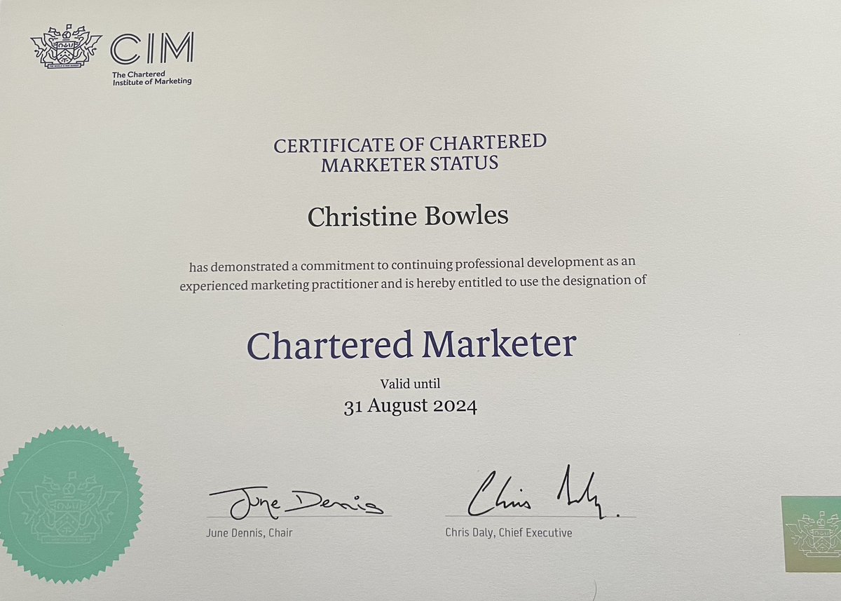 Pleased to have been awarded Chartered Marketer status for another year. To stay up-to-date, it's important to learn about marketing strategies, technology, and new ideas.Excited to continue my professional development journey! 

#charteredmarketer #marketing #cim