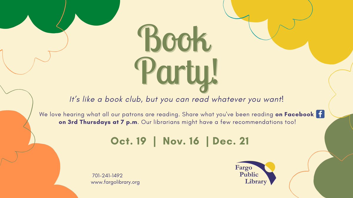 fargolibrary's tweet image. Our monthly Online Book Party is tomorrow(11/16) evening on the @fargolibrary&apos;s Facebook page starting at 7PM.  We want to hear about all the books you are reading (&amp;amp; the books in your #TBR pile too)! #FargoPublicLibrary #FPLOnlineBookParty