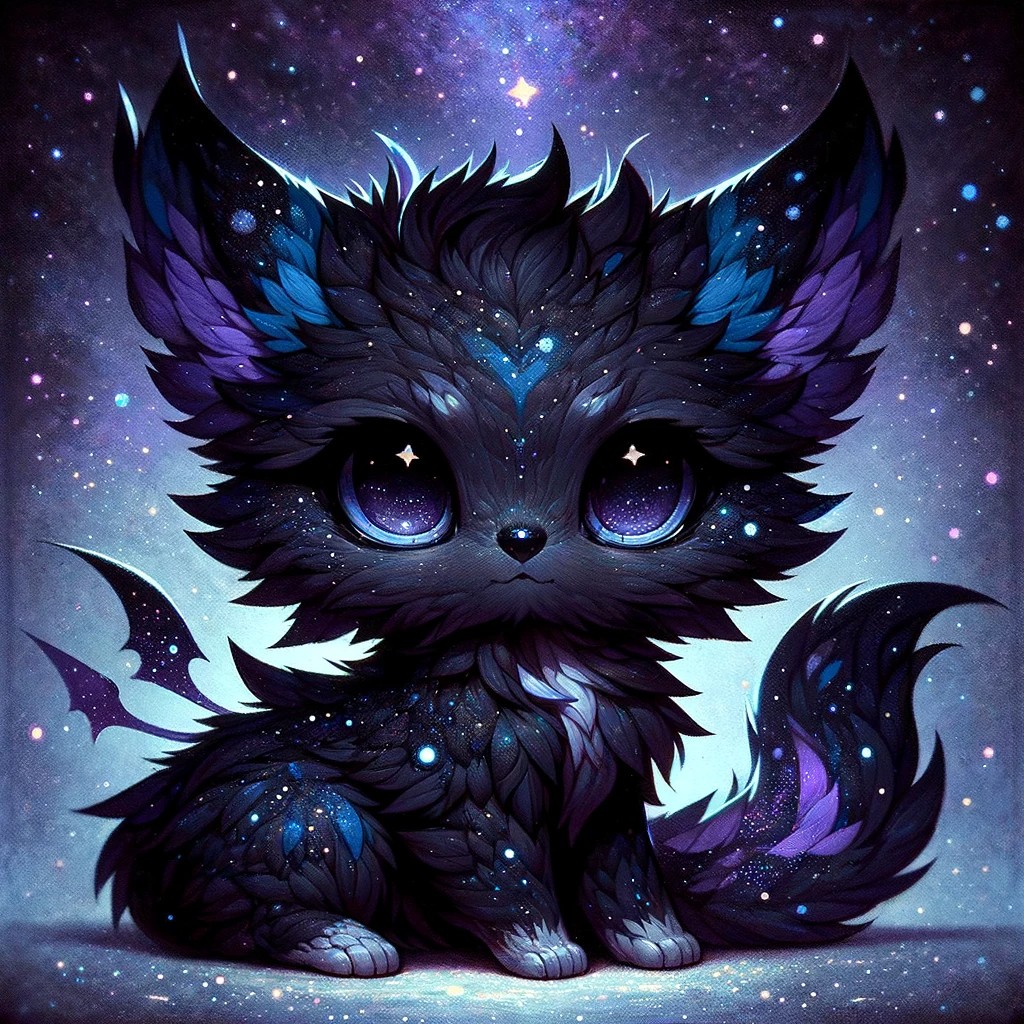 Introducing 'Nebulix'! 🌌🐾 A mysterious dark-furred dragon-cat with a starry night pattern, set in cosmic mystique. Part 5 of our cat-dragon series. 

#Nebulix #DragonCatHybrid #FantasyArt #AIart #StarryNight #CosmicMystery #ArtSeries #DigitalArtwork #MysticalSpace