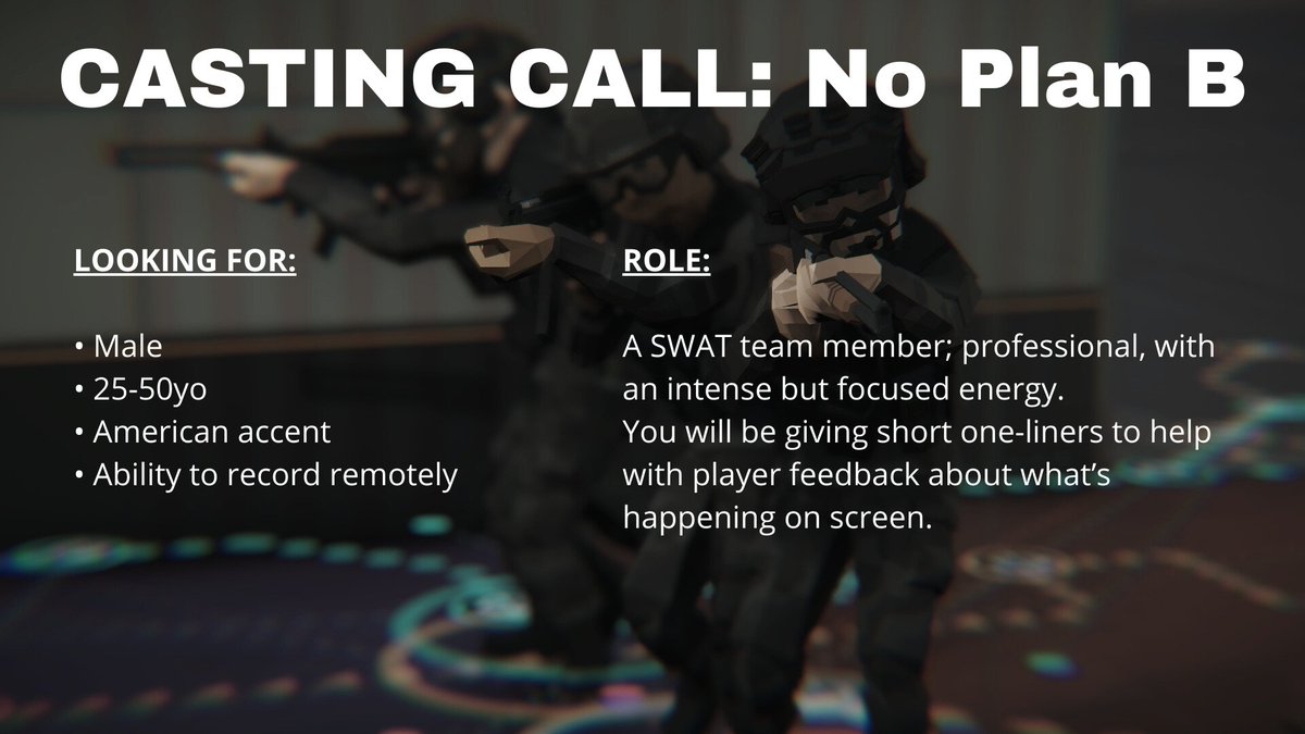73touches's tweet image. 📢CASTING CALL - PAID - GAME

@NoPlanBGame is looking for a male actor to record lines for a SWAT elite agent.

- Male
- Middle-aged (25-50yo)
- American accent
- Ability to record remotely

More info &amp;amp; application form here:
forms.gle/aCpRcQhGxgFxjQ…

RTs welcome!

#gameaudio