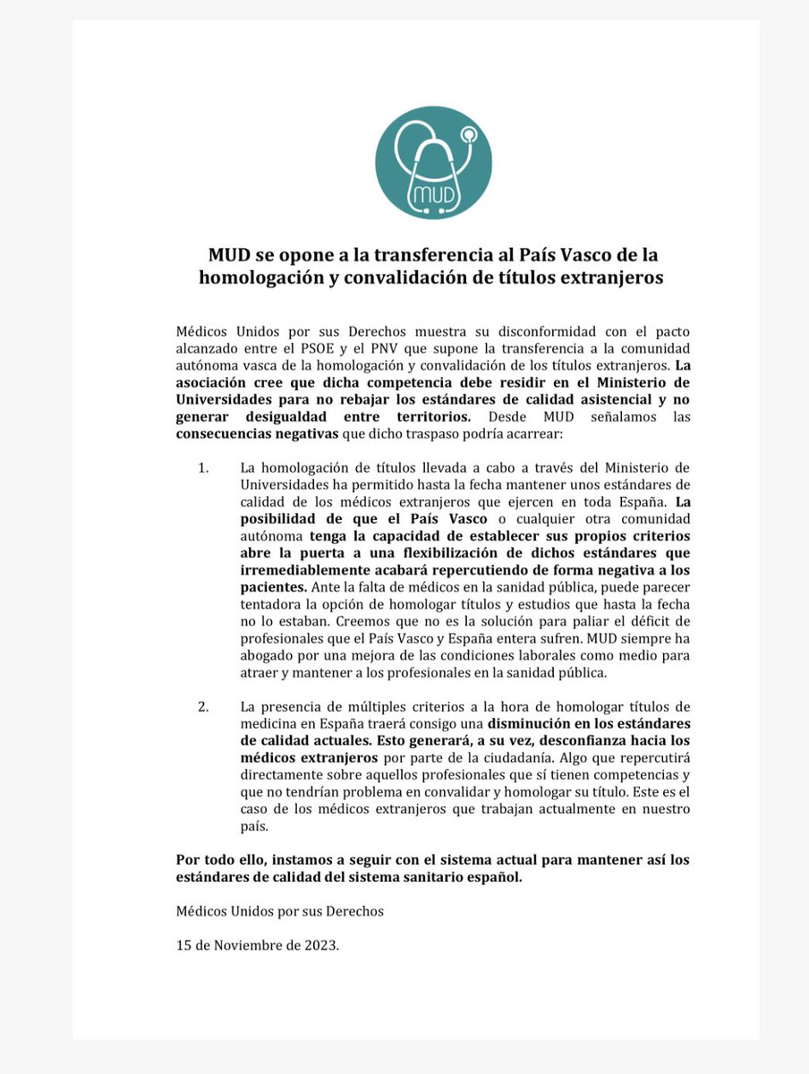 MUDmedicos's tweet photo. Médicos Unidos por sus Derechos no comparte la cesión de la competencia de homologación y convalidación de títulos extranjeros al País Vasco.

En el presente comunicado señalamos las consecuencias negativas que la transferencia podría acarrear:

https://t.co/8j5MjBi5jq https://t.co/d7UgZ2554r