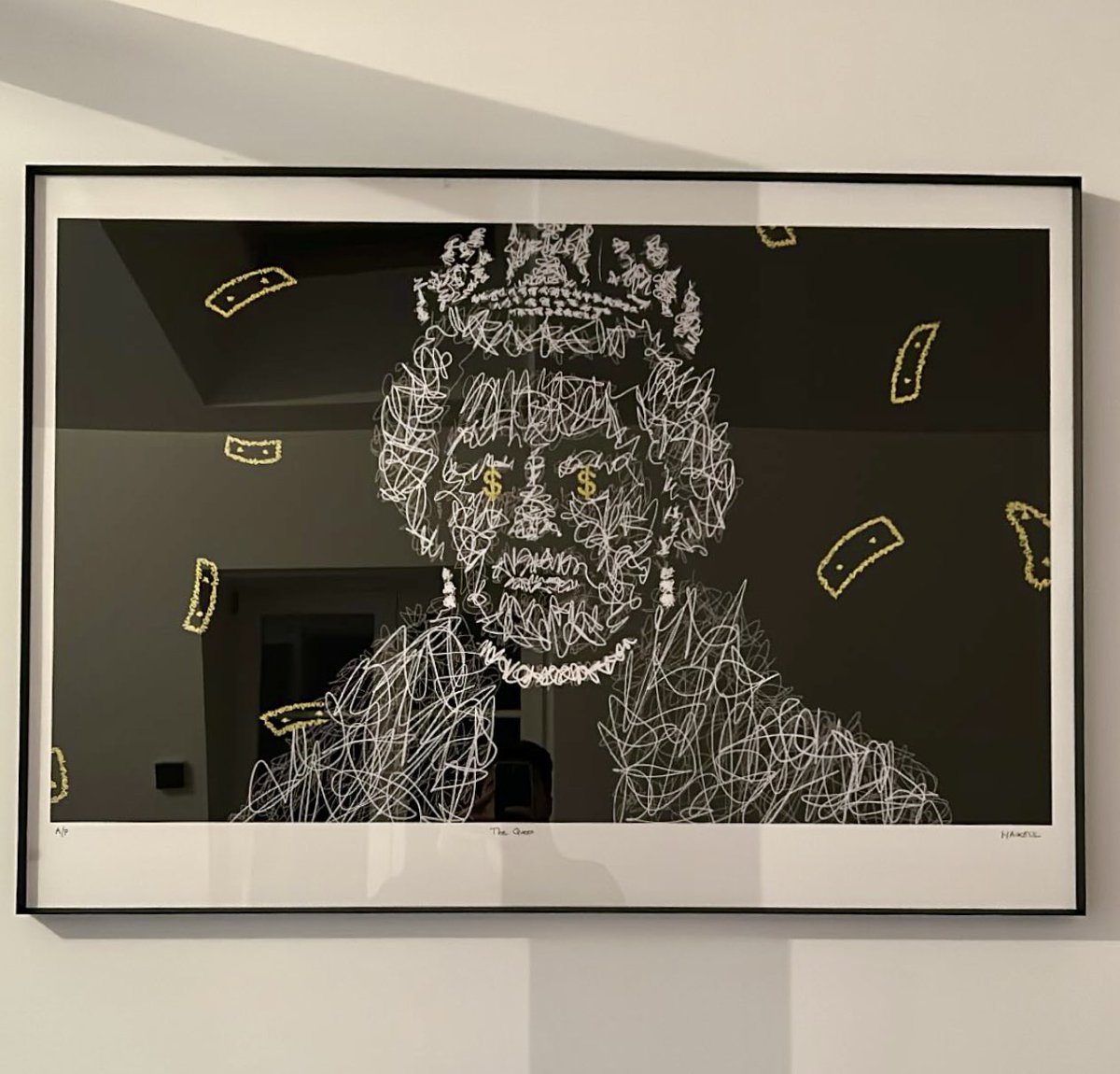A signed print of “The Queen” hung on a collector’s wall.

The #NFT versions were sold on the #Tezos #blockchain during the opening drop of the #Kalamint platform.
