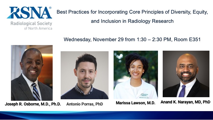 Attention:
Radiology Researchers #RSNA2023 

Interested in Learning:
1) Best practices in reporting race and ethnicity
2) How to incorporate social determinants of health in YOUR studies
3) Designing unbiased AI studies

Join us!
Wed 11/29, 130-230 PM, Room E351

<a href="/antoniorporras/">Antonio R. Porras</a>