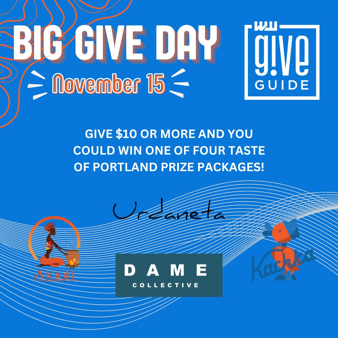 🧂 TODAY’S A BIG GIVE DAY 🧅

The prize: Four Taste of Portland prize packages! Each package includes:

🐙 A $125 gift card to Urdaneta.

🐟 A $50 gift certificate to Akâdi.

🍸 A $50 gift card to Kachka.

🍷 A $100 wine package from Dame.

Donate here: giveguide.org/nonprofits/jan…