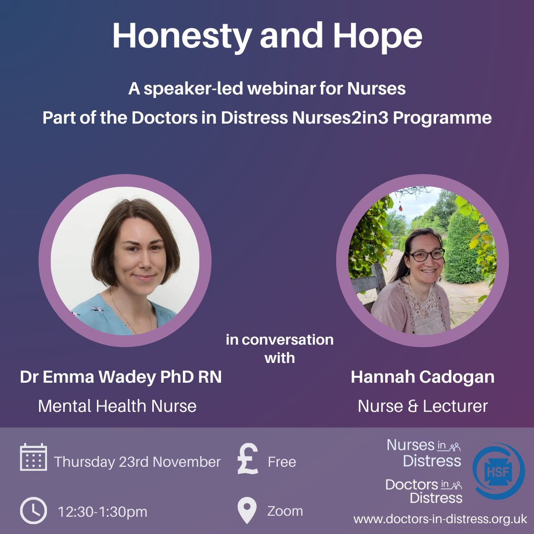 Attention Nurses and Students 🩺 Join us for our upcoming Nurses2in3 programme starting next Thursday! We’ve got 3 insightful sessions all led by a nurse who has experienced mental health difficulties. Session 1: Honesty and Hope Join Dr Emma Wadey in conversation with Nurse…