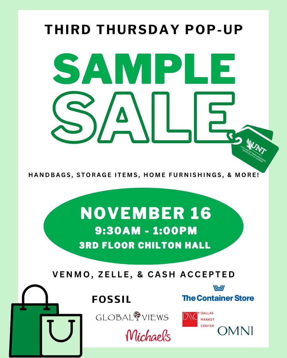 UNTCMHT's tweet image. Kick off your holiday shopping with us TOMORROW at our Sample Sale! Featured retailers include @Fossil, @globalviews, @thecontainerstore, @Michaels, @Omnihotels, and @dallasMarketcenter
#untcmht #untmerchandsing #samplesale #holidayshopping