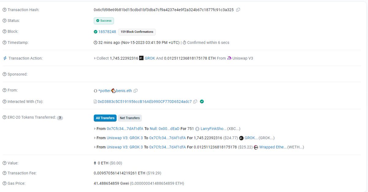 potter_benis's tweet photo. Im sooo bullish on $XBC that I had to make an ENS with my XBC wallet. 

Yesterday I said the team wants to code an other possibility to make money out of the V3 pools. 

Today they have delivered. Coding, testing, verified on @etherscan in less than 48h. No copy&paste shit.

They have named the new individual pool Hen_House_Hustle. With these pools XBC holders are able to burn XBC tokens to collect the farmed fees of V3. 
I was able to collect the fees of $GROK and #Ethereum from the pool via web3 on etherscan. Fortunately the team wants to deliver an dApp to make it easier for the degens and lazy people. 
https://t.co/EBwPZXzgfW

I have burned 751 XBC worth 10$ to collect 47$ in total. Because of high gas I had to pay 19$ gas. Still a small profit and a moonbag of @elonmusk Grok. 

Check the 1d-chart of @xbcfund and become a farmer.