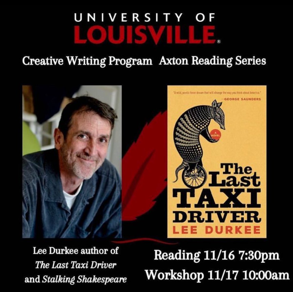 Don’t forget: tomorrow night at 7:30pm, essayist and memoirist Lee Durkee will be giving a reading in the University Writing Center! Make sure you don’t miss this special event. See you there!
