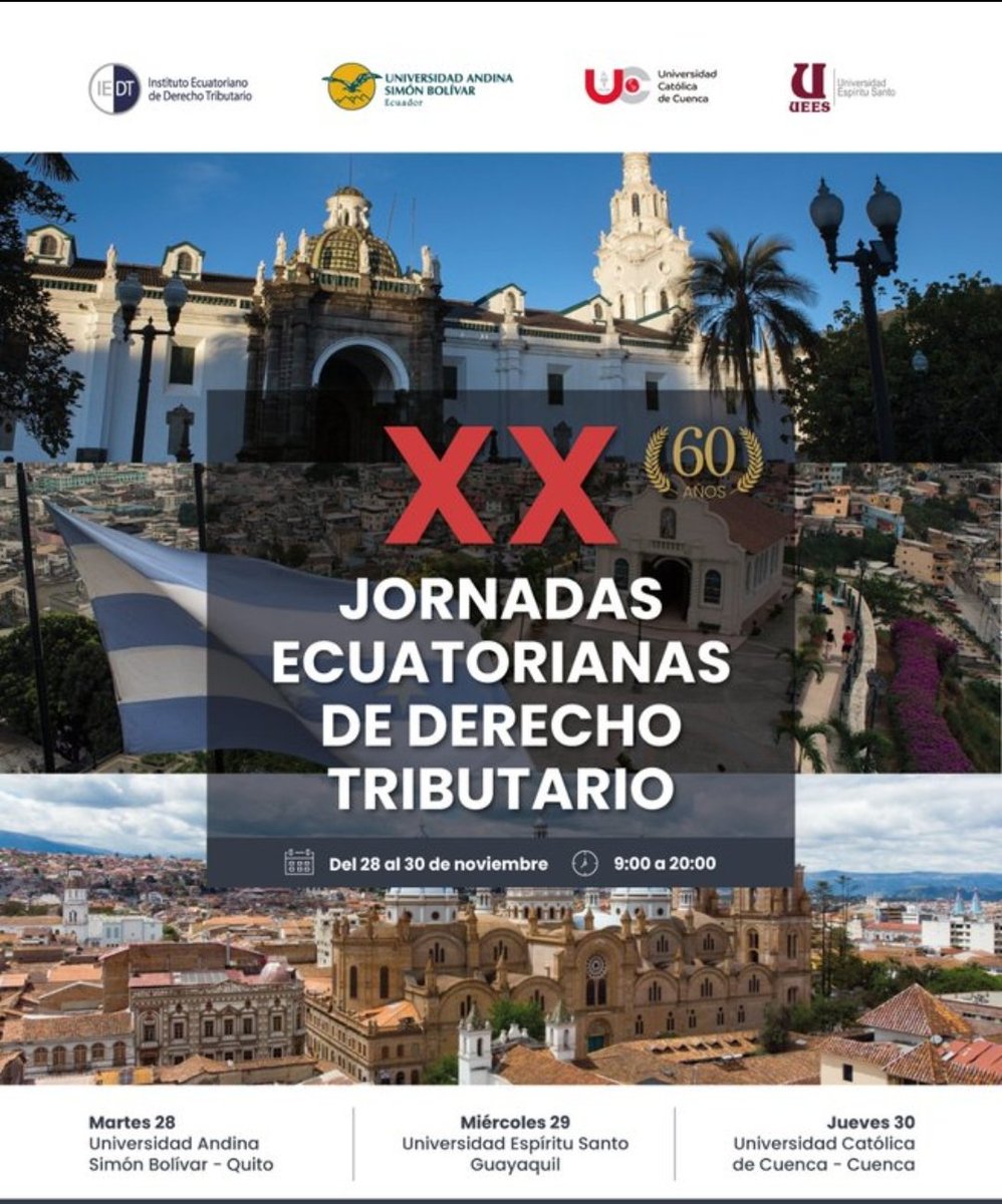 abocacia's tweet photo. Nuestro socio Esteban Bueno (@EstebanPancho) participará en las XX Jornadas de Derecho Tributario organizadas por el Instituto Ecuatoriano de Derecho Tributario (@EcIEDT) que se realizarán en Quito, el 28 de noviembre, Guayaquil, el 29 de noviembre, y en Cuenca el 30 de noviembre https://t.co/TX5ScEAfuF