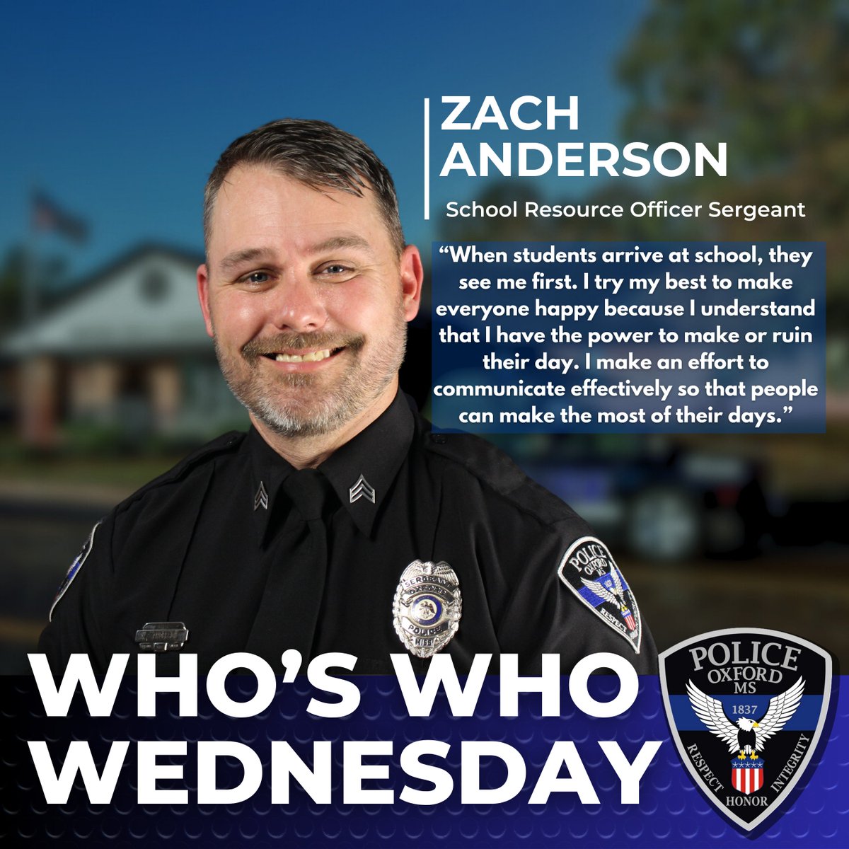 Oxford Police Dept (@oxfordpolice) on Twitter photo Introducing Sgt. Zach Anderson on this week's #WhosWhoWednesday! 👋👮♂️ Sgt. Anderson ensures our local school <a href="/OxfordSD/">OxfordSchoolDistrict</a> campuses are safe and secure! 🏫🛡️ He leads the SRO unit with dedication and truly enjoys spreading smiles 😊😄 to everyone he meets throughout his day! 🌟👮♂️ Introducing Sgt. Zach Anderson on this week's #WhosWhoWednesday! 👋👮♂️ Sgt. Anderson ensures our local school <a href="/OxfordSD/">OxfordSchoolDistrict</a> campuses are safe and secure! 🏫🛡️ He leads the SRO unit with dedication and truly enjoys spreading smiles 😊😄 to everyone he meets throughout his day! 🌟👮♂️
