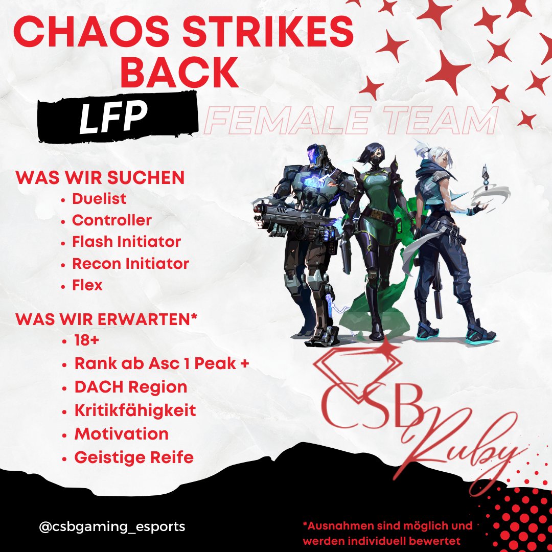 CSB_eSports's tweet photo. + NEWS + NEWS + NEWS +

Die CSB Jewels haben sich leider aufgelöst

Nun befindet sich unser neues Valorant female Team 'CSB Ruby'  im Aufbau ☆

HIERZU SUCHEN WIR DICH!

Bei Interesse: Melde dich in Discord bei its_clarry oder syks

#ValorantDACH #projectQueens #projectV https://t.co/2gDMx33q8v