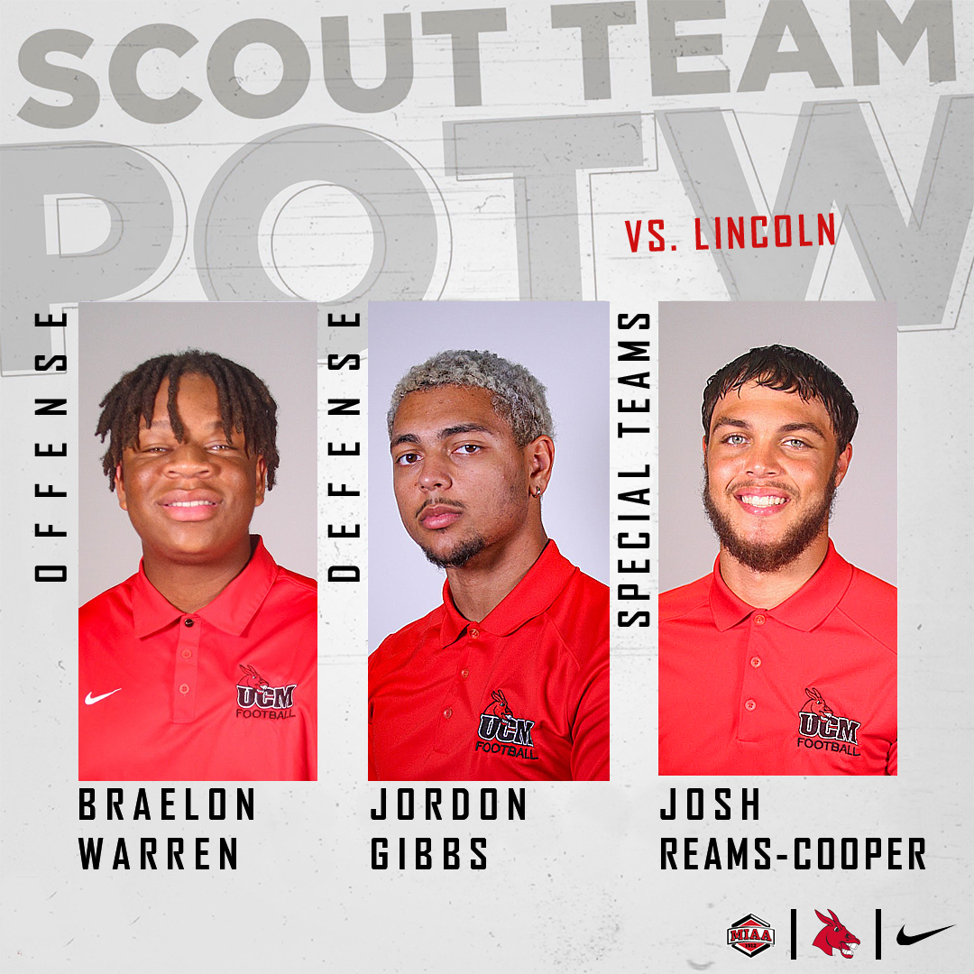 UCMFootballTeam's tweet photo. Mule Nation, please help us thank
Jordon (@_JordonGibbs), Josh (@joshreams23), and Braelon (@BraelonWarren) for the great work they provided during practice last week! #EPIC https://t.co/3b6FIoJ3cw