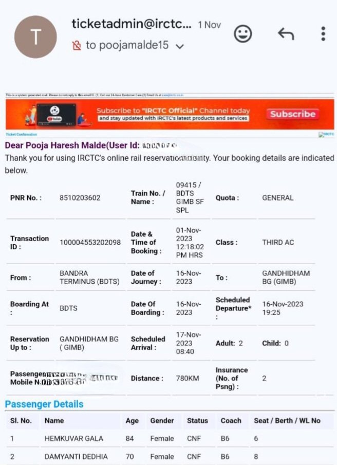 PoojaaMalde's tweet photo. This is to inform &amp; complain that a ticket was booked for 2 senior Citizen Females on 06/11/2023 in train No.09415 from BDTS to GIMB for journey date 16/11/2023. 
@RailMinIndia
@IRCTCofficial https://t.co/XPyyJmqh0r