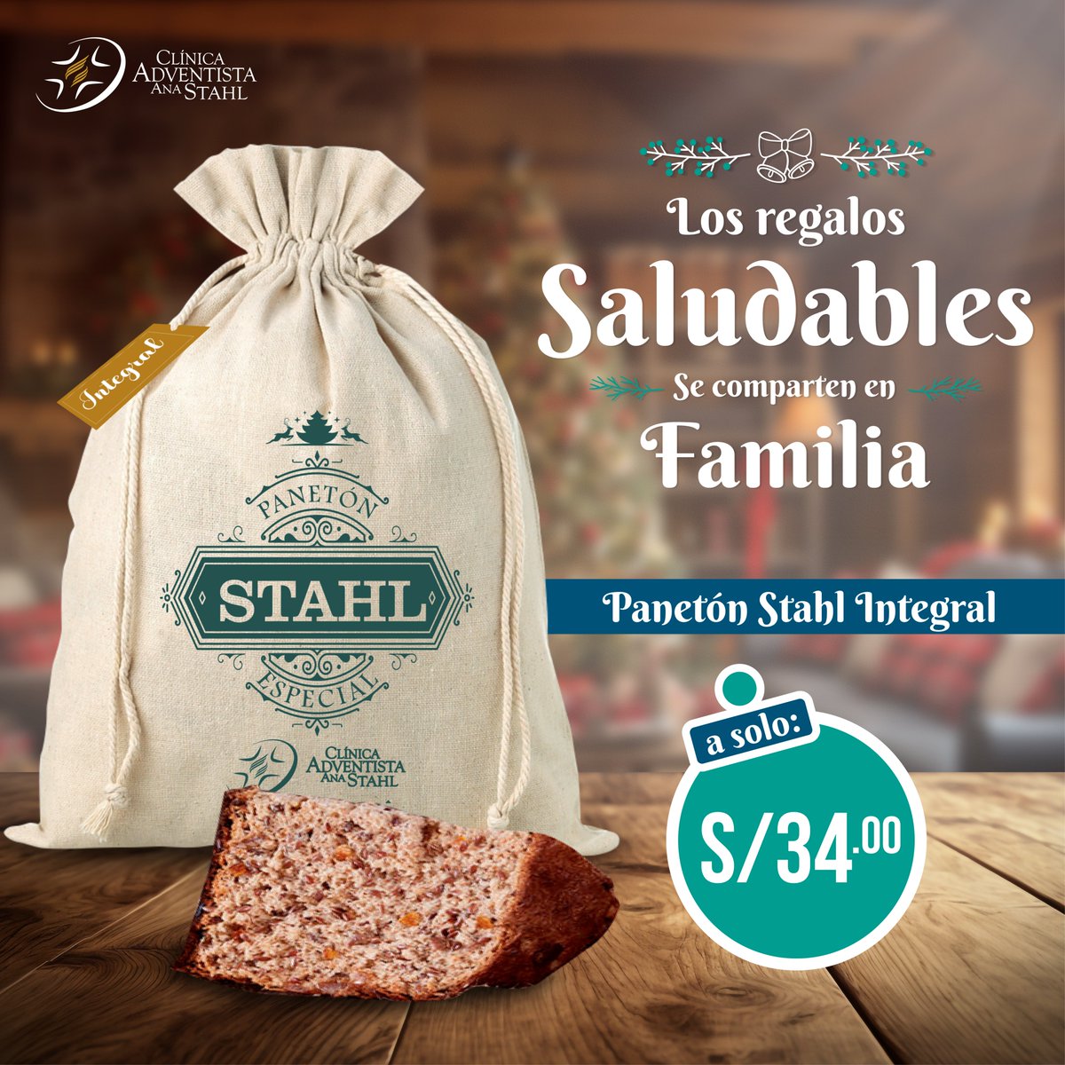 ¡Celebremos la Navidad con sabor y bienestar! ✨🥰 Descubre nuestros Panetones Saludables, una delicia sin preservantes, 100% natural y envuelta con amor en una bolsa de yute, sin plásticos, pensando en ti y en el planeta. ¡Disfruta de la Navidad de manera saludable y sostenible!