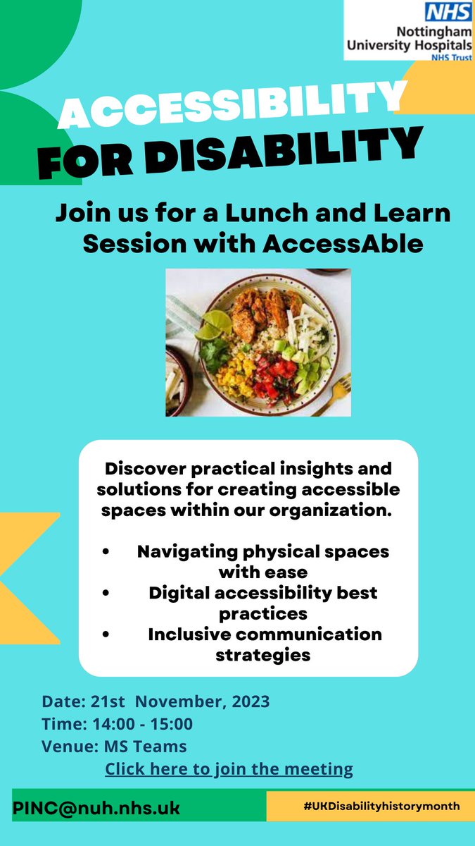 PINC NUH π³οΈβπ (@pincnuh) on Twitter photo Join us for an insightful Lunch and Learn session during UK Disability History Month (16th NovΒ to 16th Dec, 2023) as we partner with AccessAble, a leading organization providing invaluable accessibility guidelines.
Theme: Disability, Children and Youth
@TeamNUH <a href="/HRforNUH/">Human Resources NUH</a> Join us for an insightful Lunch and Learn session during UK Disability History Month (16th NovΒ to 16th Dec, 2023) as we partner with AccessAble, a leading organization providing invaluable accessibility guidelines.
Theme: Disability, Children and Youth
@TeamNUH <a href="/HRforNUH/">Human Resources NUH</a>