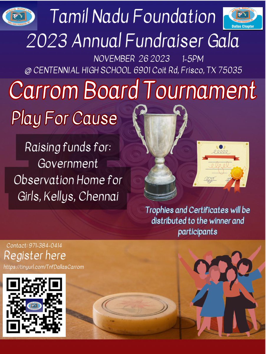 TNF_Dallas's tweet photo. Sign up: https://t.co/NhpLY04XrK

Tamil Nadu Foundation, Dallas chapter, is happy to conduct carrom tournament on Saturday Nov 26th between 1- 5PM . Please register and have fun.
 
Winners and runners-up will get a trophy and free tickets to the Annual Fundraiser Gala and dinner. https://t.co/ToTHvH3jIg