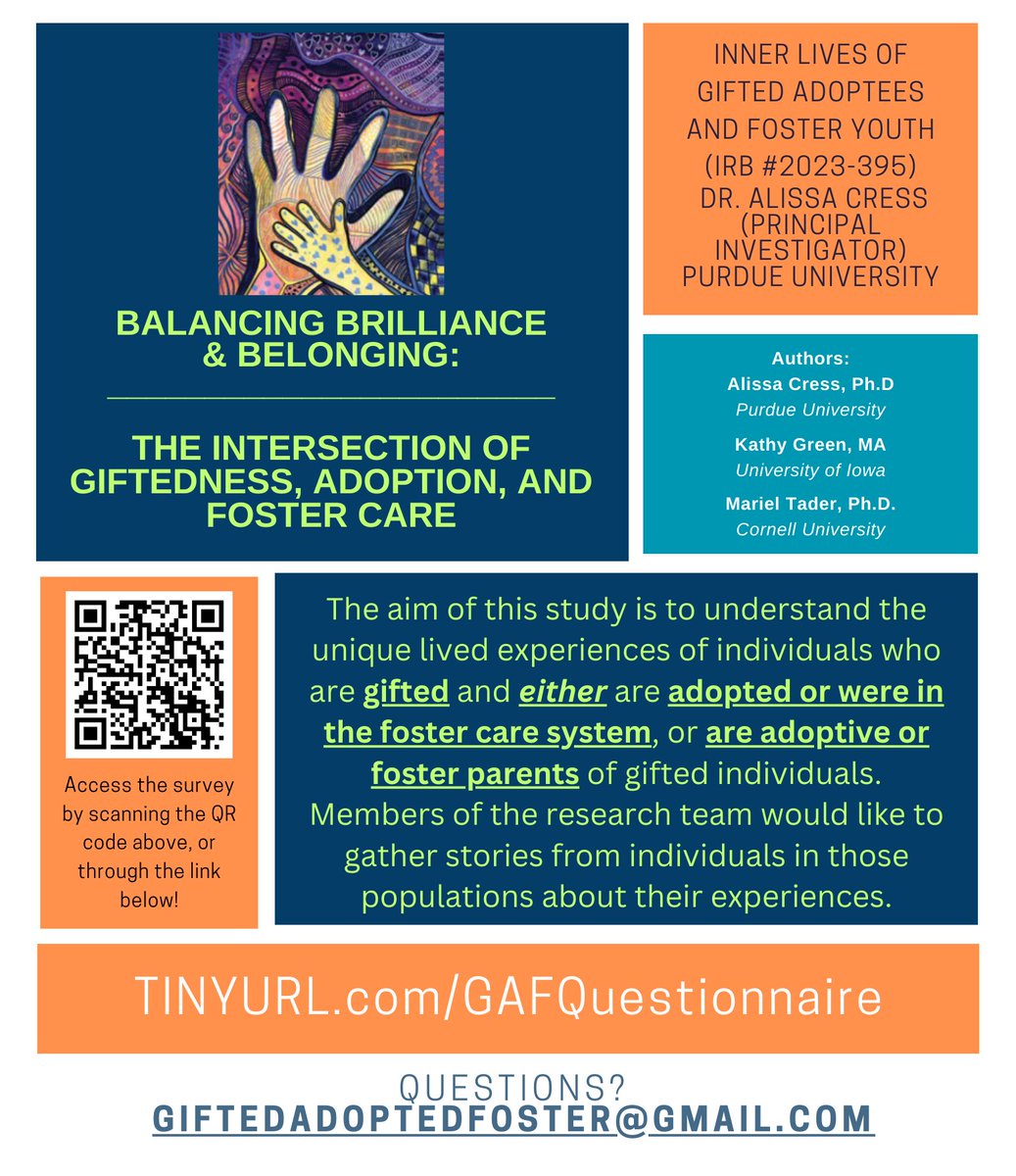 Is  your adopted or fostered child gifted? Are you gifted and were you  adopted or fostered? Please consider this  opportunity to share your experience in a way that will help deepen understanding  around adoption, fostering, and giftedness. Please share with your  networks.  📷