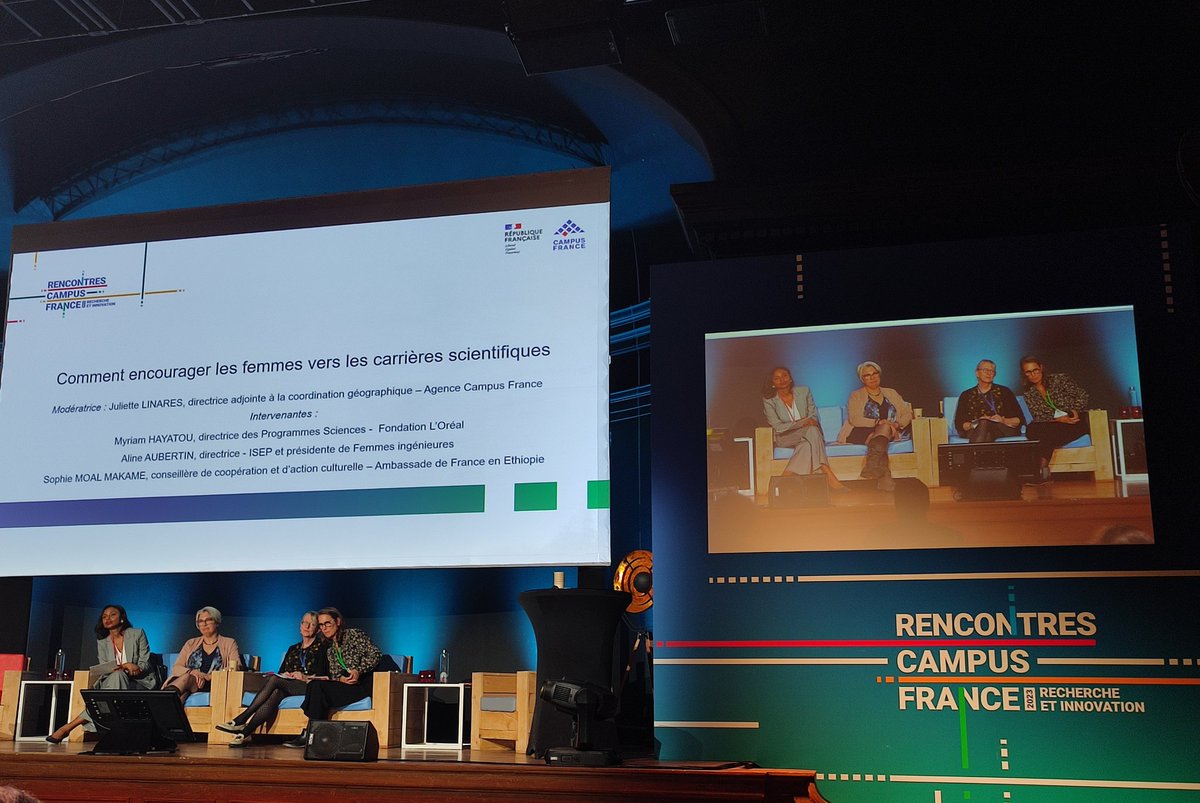 CampusFrance's tweet photo. #RencontresCF l 👩🔬 Comment encourager les femmes vers les carrières scientifiques ?
➡️ Une conférence animée par Juliette Linares avec Myriam Hayatou @FondationLOreal, Aline Aubertin @ISEP @f_inge et Sophie Moal Makame @AmbafranceET https://t.co/nAK1oJuka9