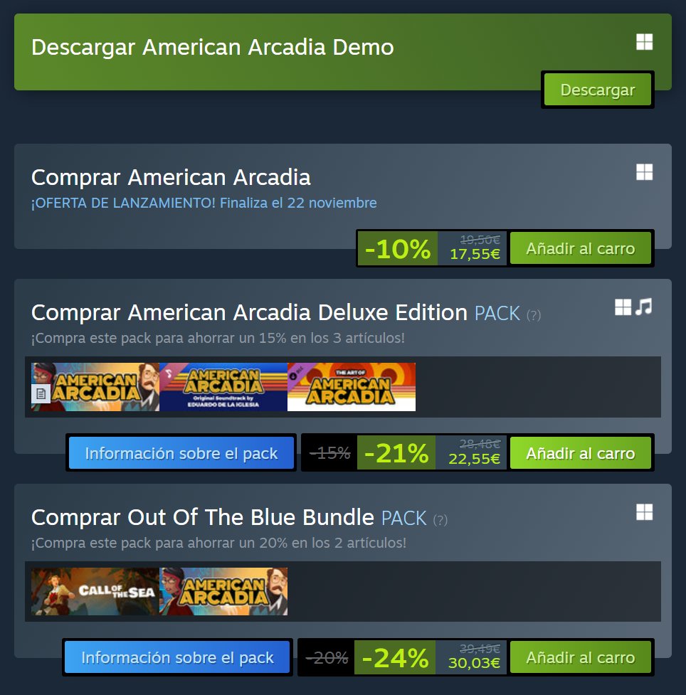 Gamepatry's tweet photo. 📙👨🏻🎥👩🏻🟡❓ #AmericanArcadia #OutOfTheBlueGames #DeluxeEdition #Steam #Indie #Videogame #Indiegame #Soundtrack #Artbook
¡Ya estaaaaaaaa! Enhorabuena por el lanzamiento de @AmericanArcadia! Esta noche lo jugaré muy fuertemente!! https://t.co/EW9ZA0IamM