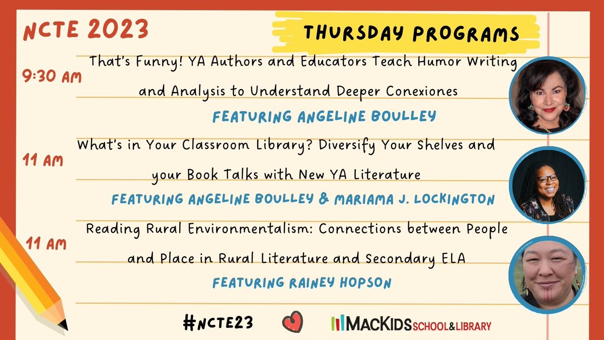 Rise and shine, it’s the first day of #NCTE23 🌞! Learn how to teach humor writing and rural literature, and diversify your classroom library with these incredible panels! Stop by to hear from @FineAngeline, @marilock, and @Nasugraq.