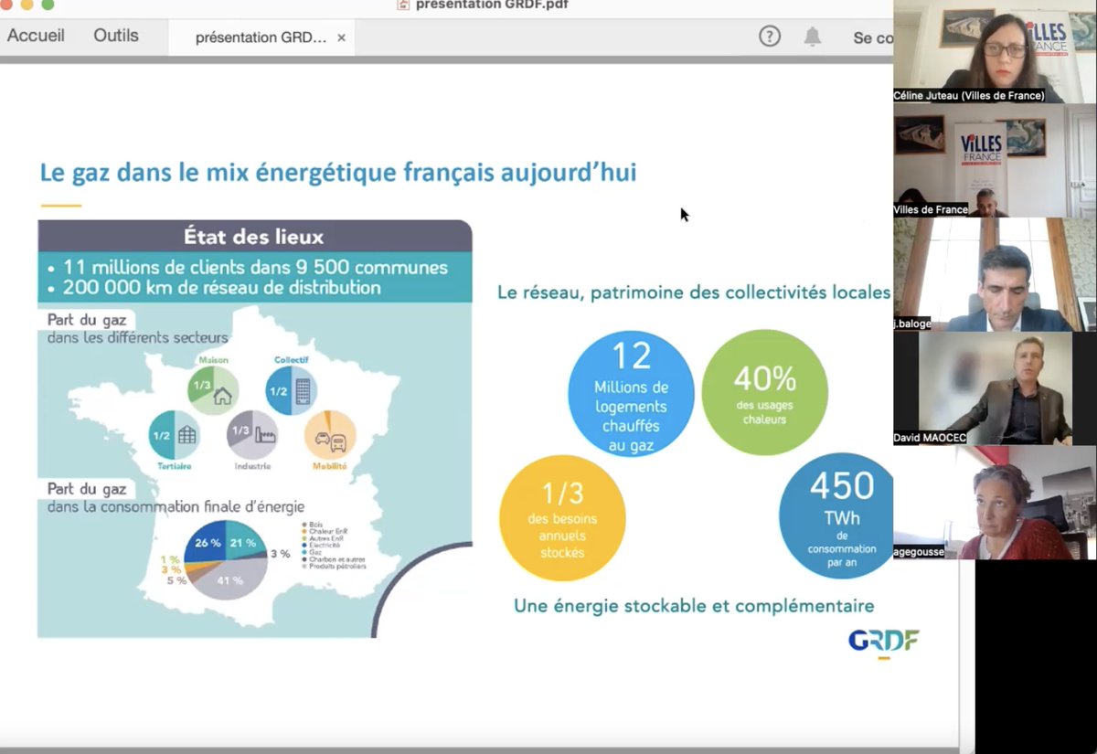 Webinaire du Groupe Transition écologique de Villes de France, présidé par <a href="/JeromeBaloge/">Jérôme Baloge 🇺🇦</a> sur les zones d'accélérations des #ENR et sur les usages énergétiques avec des présentations de <a href="/CedricBoissier/">Cédric Boissier</a> et <a href="/P_de_Firmas/">Pierre de Firmas</a> pour <a href="/enedis/">Enedis</a> et de Sébastien Belot et <a href="/DMaocec/">David Maocec</a> pour <a href="/GRDF/">GRDF</a>