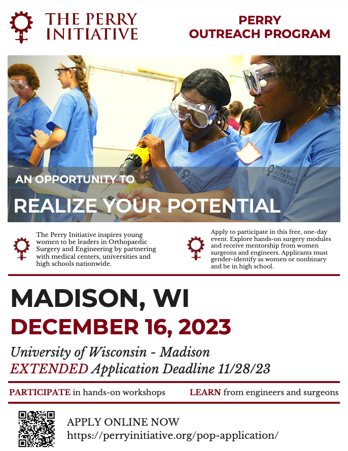 We are proud to host this incredible, free opportunity for young women in high school interested in learning more about orthopedic surgery/engineering! ➡️Apply by Nov 28! perryinitiative.org/pop-applicatio… @PerryInitiative @DrAndreaSpiker