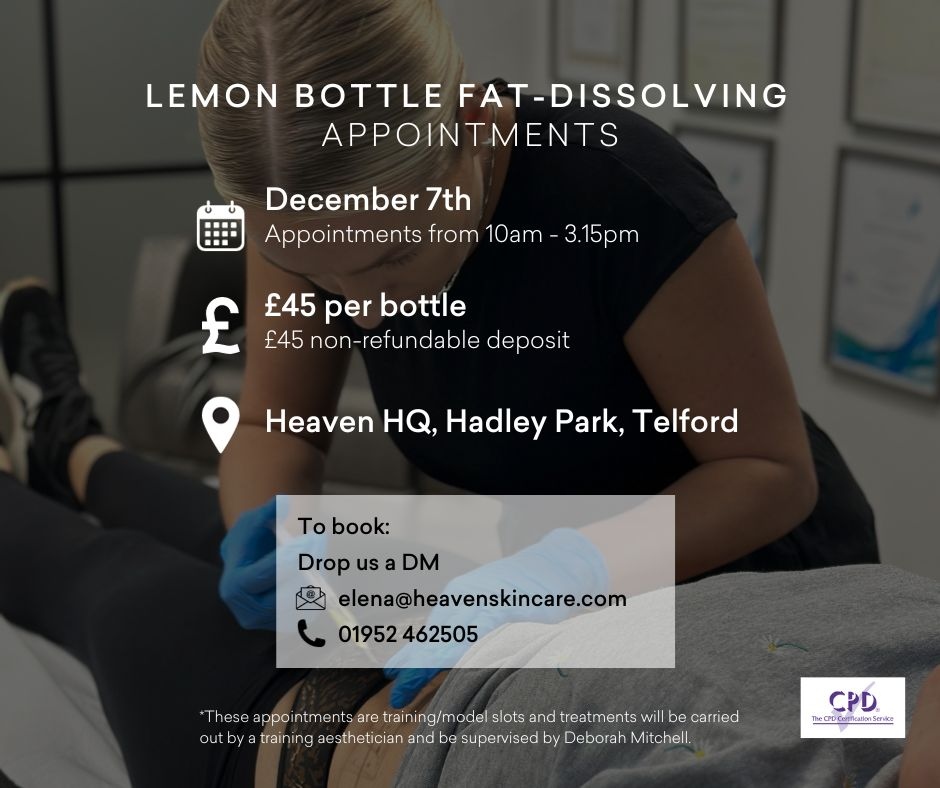 Lemon Bottle Fat Dissolving appointments available on 6th December!

£45 per bottle with a £45 non-refundable deposit 

Call, email or DM us to book your slot now!

#lemonbottle #fatdissolving #cosmeticinjectables #injectables #fatdissolvinginjections