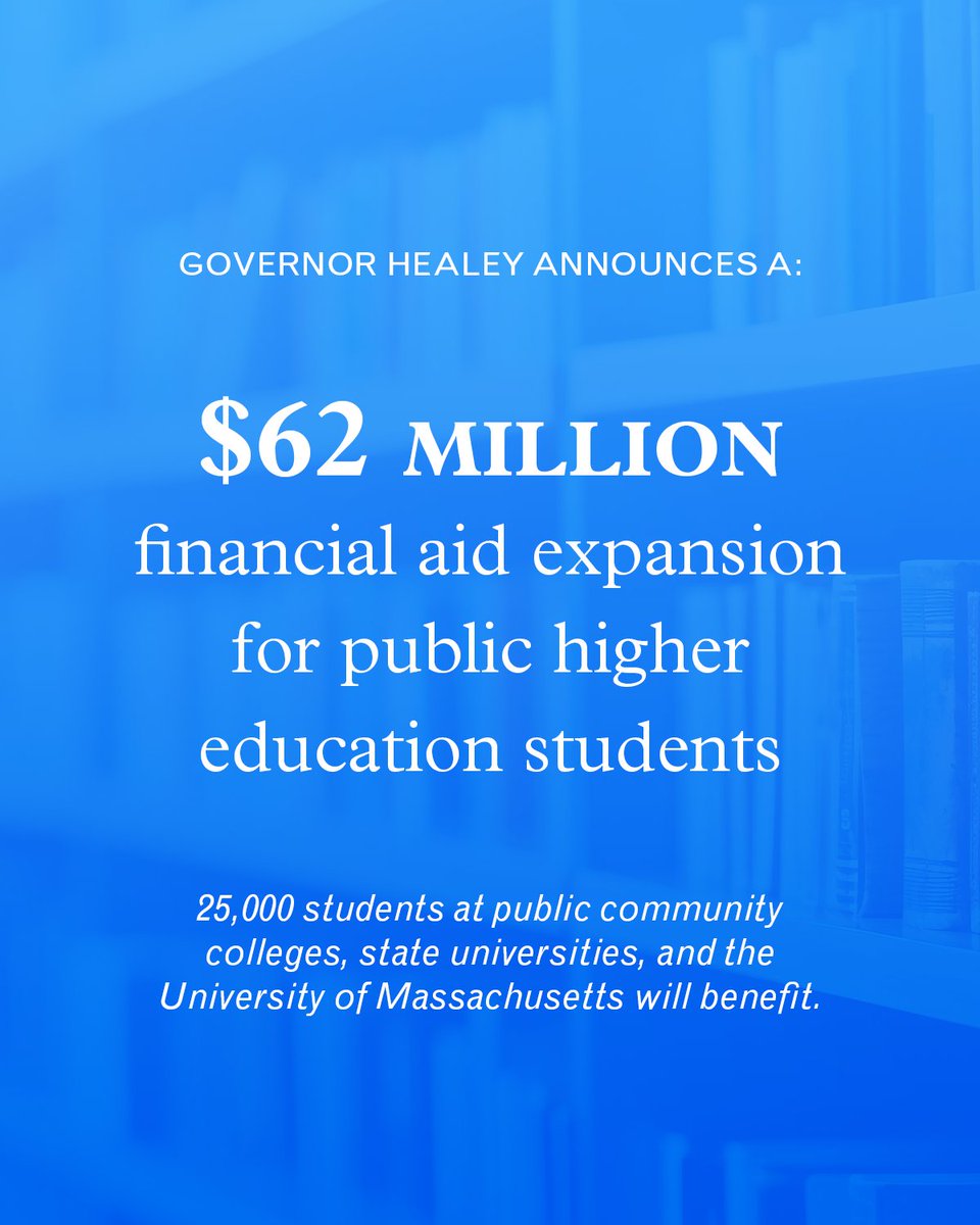 MassGovernor's tweet image. The first public school was right here in Massachusetts. Living up to our legacy means we need to lead in access to education. 

From now on, low-income students can attend any of our public colleges or universities without worrying about tuition, fees, books, or supplies.