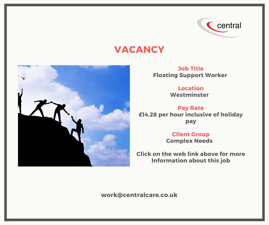 centralcares's tweet photo. Central Care is currently recruiting for a Floating Support Worker to  work in Westminster. 

Click the link below or email us for more information ⬇️

🖥️ https://t.co/9ism3uAXx2 

📩work@centralcare.co.uk

#jobsearch #vacancy #SocialCare #wednesdayvibes #floatingsupport https://t.co/D5QOVecLF1