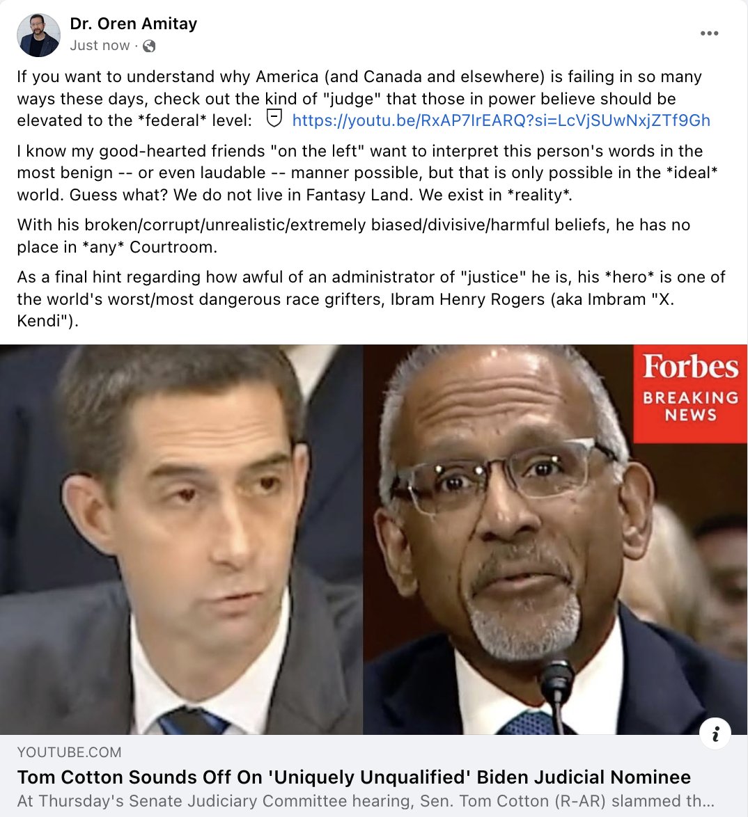 docamitay's tweet photo. My latest #Fcebook post on .@SenTomCotton/.@TomCottonAR's excoriation of .@POTUS/.@JoeBiden/.@TheDemocrats' latest judicial nominee -- who happens to *love* one of the world's worst/most dangerous #race grifters: .@ibramxk. https://t.co/uVUYo4w9cQ