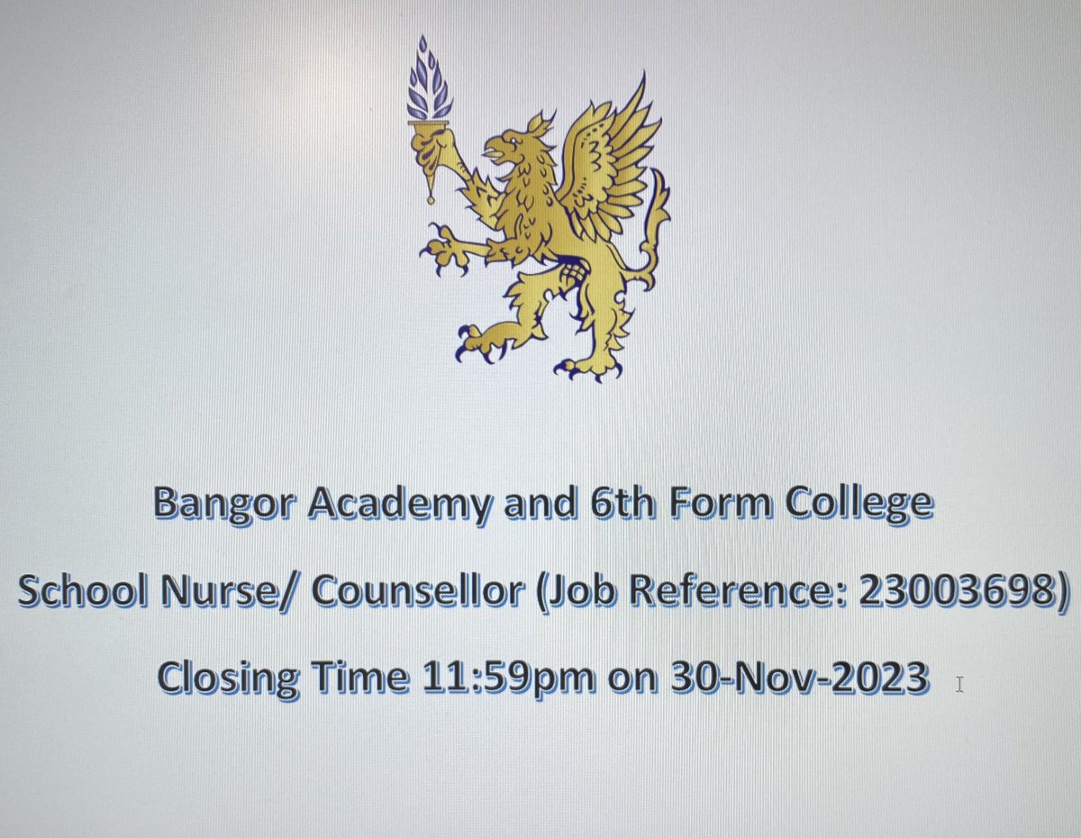 <a href="/Bangor_Academy/">Bangor Academy</a> is recruiting for a school nurse and counsellor. This is a great job in an amazing school! eani.taleo.net/careersection/…