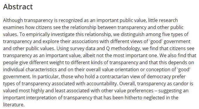 New Research Article: How Citizens Want to ‘See’ the State: Exploring the Relationship between Transparency and Public Values by Sabina Schnell, Jiho Kim, Greg Munno <a href="/gregmunno/">Greg Munno</a>, Tina Nabatchi <a href="/nabatchi/">Tina Nabatchi</a> : buff.ly/3sxBmOC
