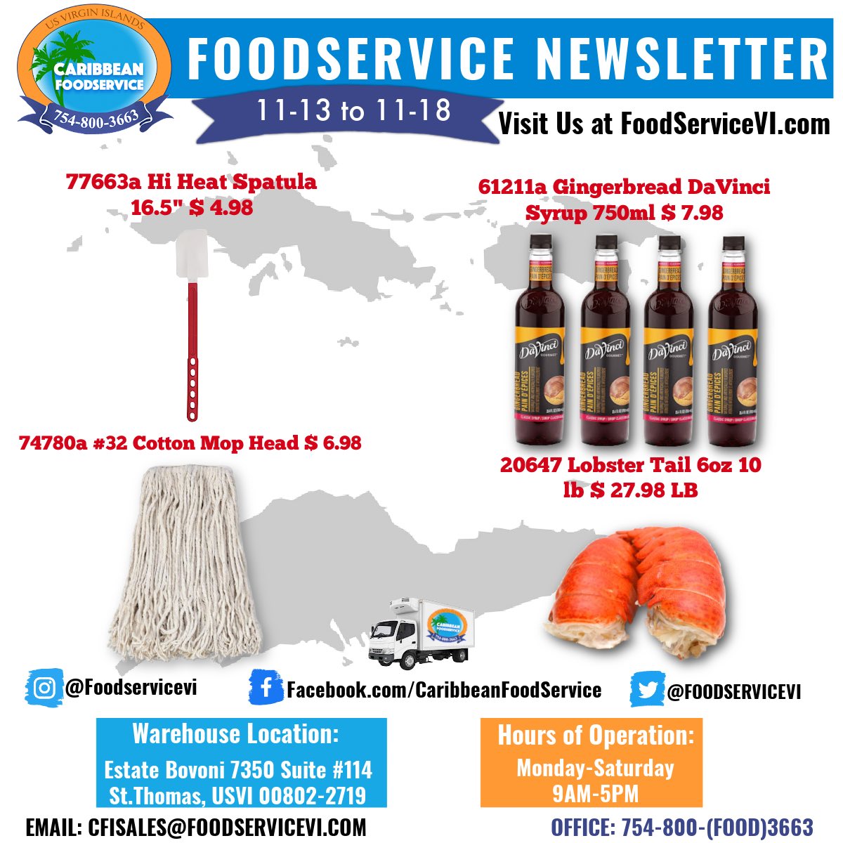 FoodServiceVI's tweet photo. 🌟 Weekly Specials Alert! 🌟 Nov 13-18 only! 🔥

🔸 Hi Heat Spatula: $4.98. #CookingEssentials

🔸 #32 Cotton Mop Head: $6.98. #CleanHome

🔸 Gingerbread DaVinci Syrup: $7.98. #CoffeeLovers

🔸 Lobster Tail: $27.98/lb, 6oz 10lb. #SeafoodLovers

Don't miss out! 🛍️✨ #Weeklysales https://t.co/JfGDgFIek8