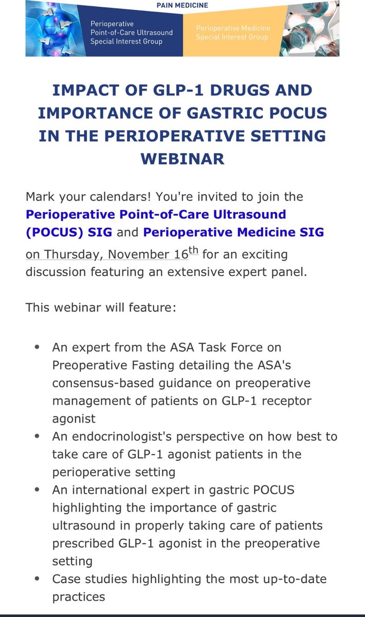 Tomorrow 🚨🚨⤵️ still time to sign up #PeriopMedSIG #ASRAPOCUS ⁦@ASRA_Society⁩ ⁦@ASALifeline⁩ @ESchwenkMD @galusweegie @lopamisraDO @Jerryblocksthat @KalagaraHari @NarouzeMD ⁦@PerlasAnahi⁩ ⁦@MonicaHarbellMD⁩ ⁦@dr_melissabyrne⁩