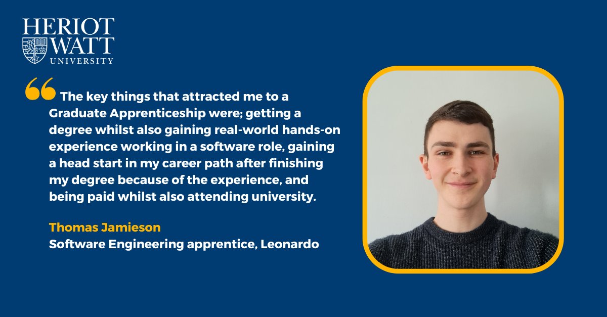 Get a head start on your career...!
On Day3 of #ScotCareersWeek23 we're sharing some feedback from Thomas Jamieson - a Graduate Apprentice at @Leonardo_UK.
Read how his apprenticeship is giving Thomas a head start in his career👉hw.ac.uk/uk/business/gr…
#ShapeTheFuture