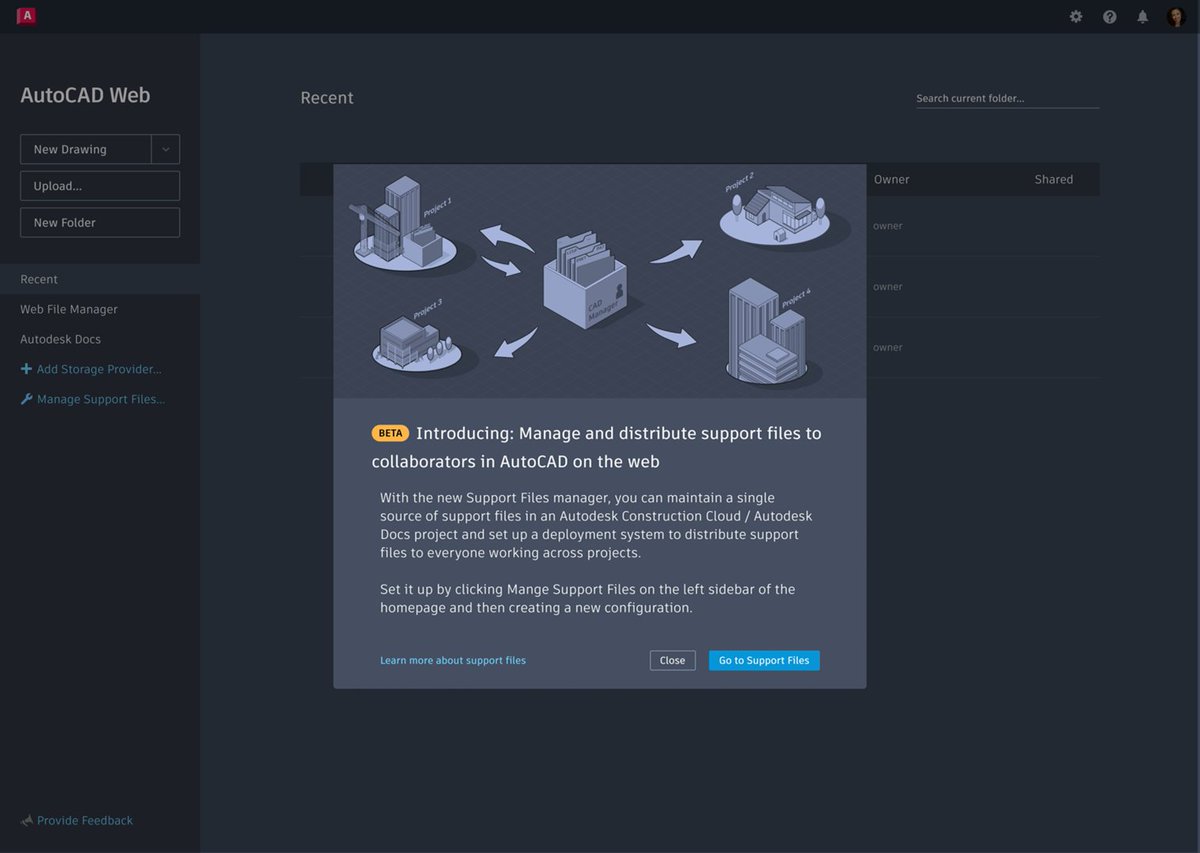 AutoCAD's tweet image. Looking for a simpler method to maintain and deploy support files (templates, fonts, hatch pattern, plot styles, LISP routines) in AutoCAD Web? We're excited to introduce Shared Support Files, a new way to manage files and enforce company standards. autode.sk/3sxHyGe