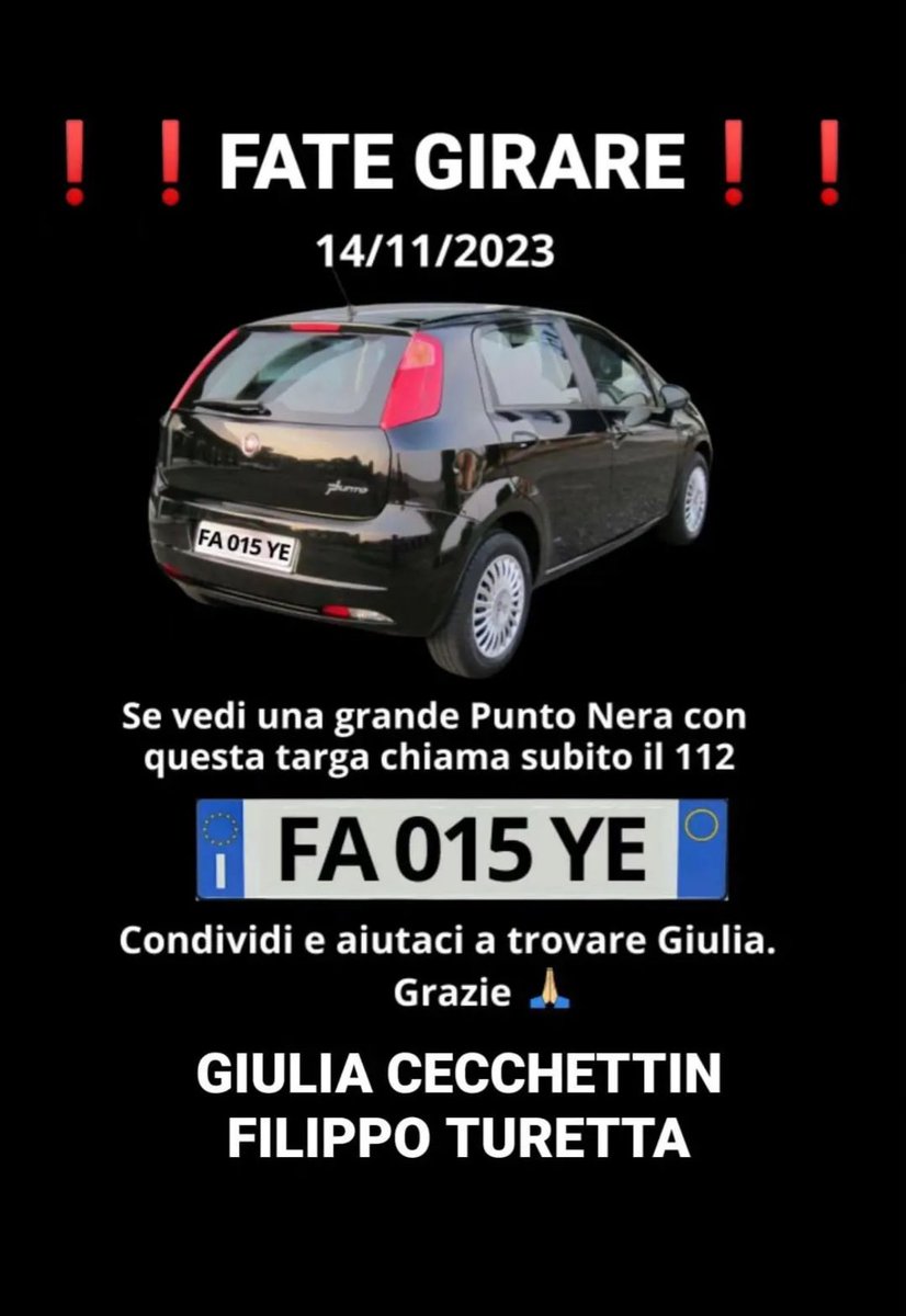 jacko_cecilia's tweet photo. La vogliamo trovare questa benedetta macchina prima che succeda l'irreparabile?#GiuliaCecchettin https://t.co/Ch4QLf0qxI