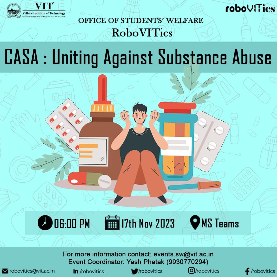 RoboVITics_HQ's tweet photo. Introducing you to our new event, A Campaign against substance abuse and addiction where we embark on a positive journey against drug abuse.

Substance abuse  jeopardizes physical health and has consequences on mental and emotional well-being. 

#robovitics #vitvellore #substance https://t.co/GCvAfBW0EK