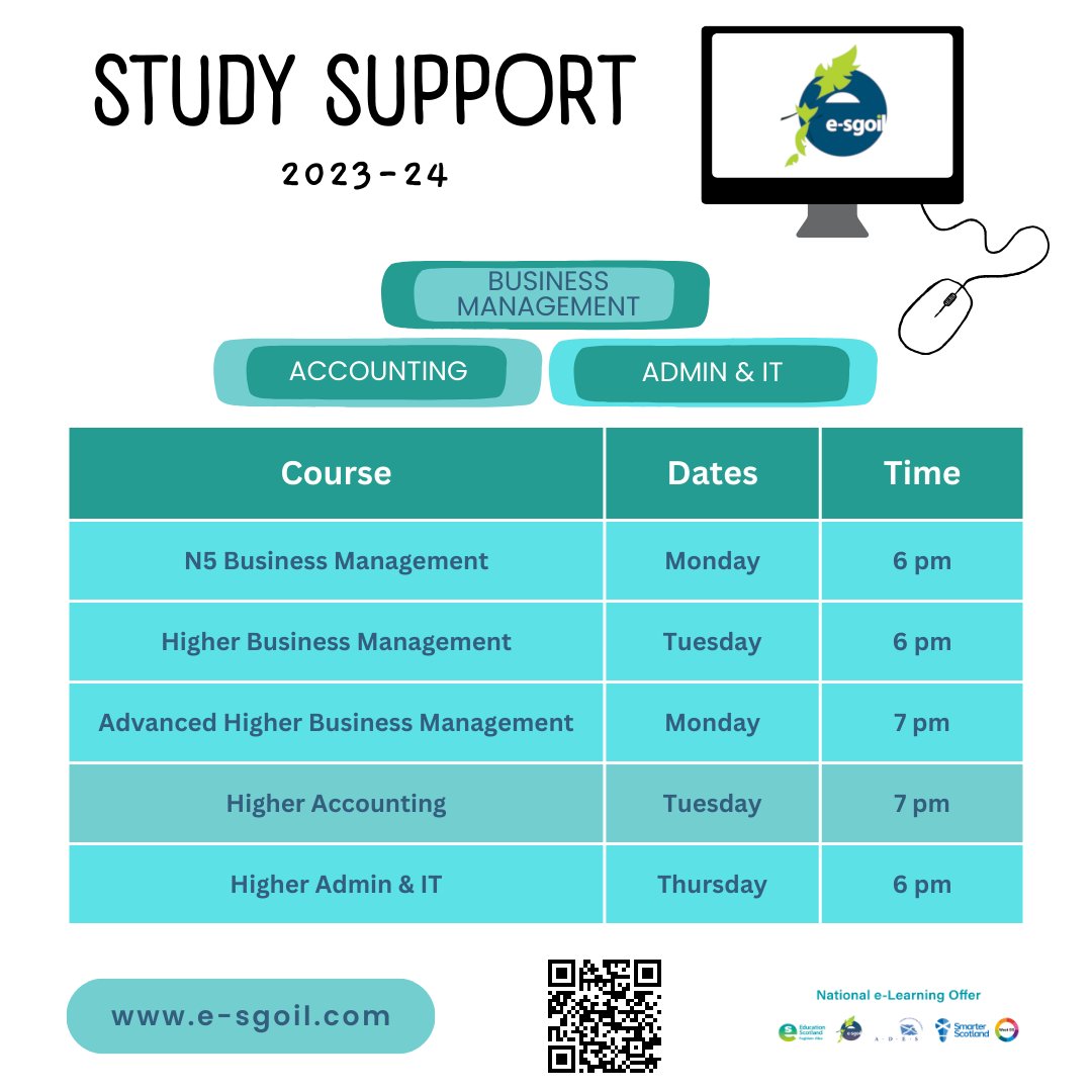 eSgoil's tweet image. Teaching or studying Business, Accountancy, or Admin and IT in Senior Phase? This timetable has details of our Study Support webinars and a QR code for registration. Feel free to share!
e-sgoil.com/senior-phase/s…
#NeLO @EducationScot
