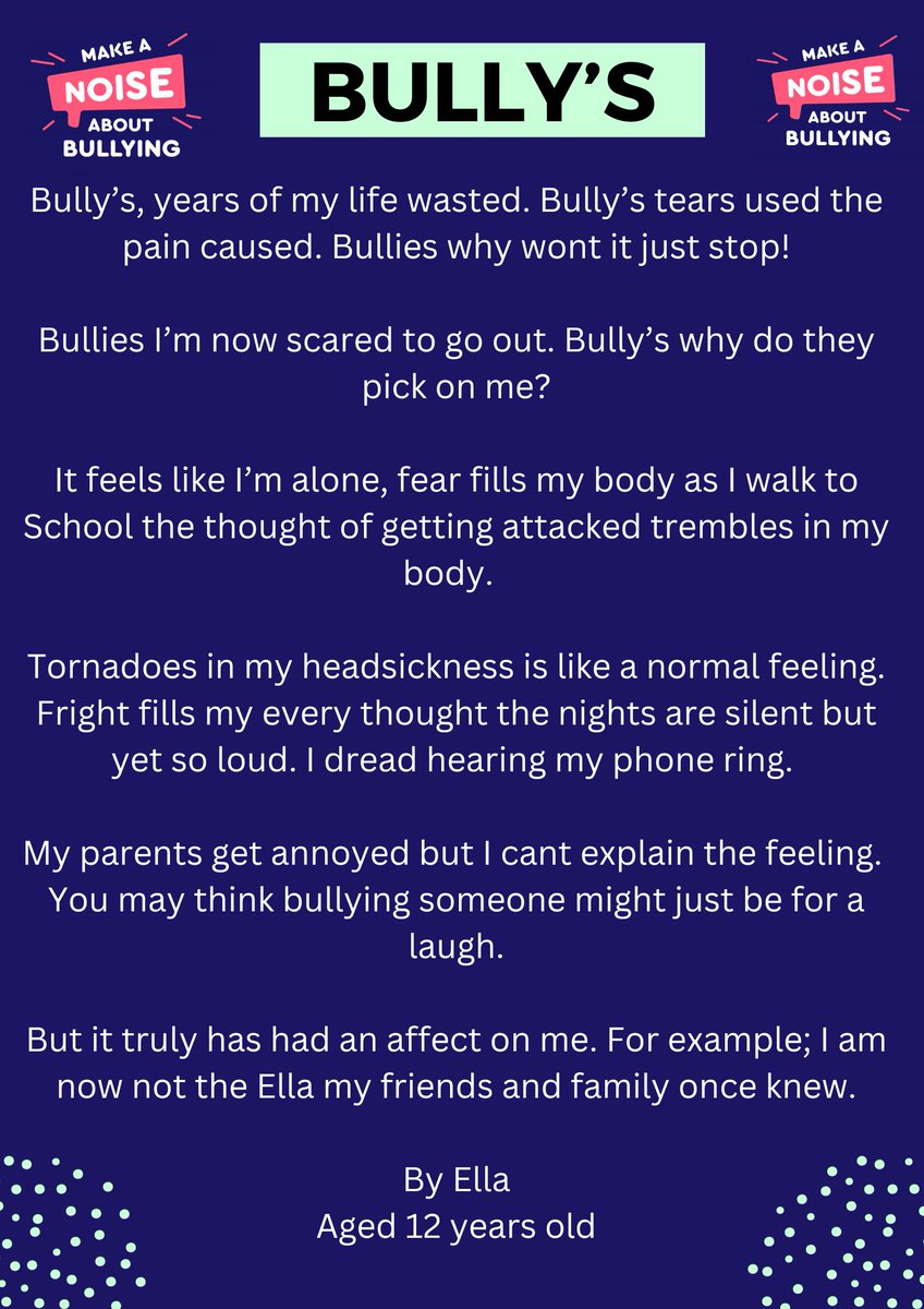 Make A Noise About Bullying! We would like to thank Ella 👋for writing this amazing poem to raise awareness of the effects of bullying. @NHSDG #MakeANoiseAboutBullying #YouAreNotAloneInThis #antibullyingweek23