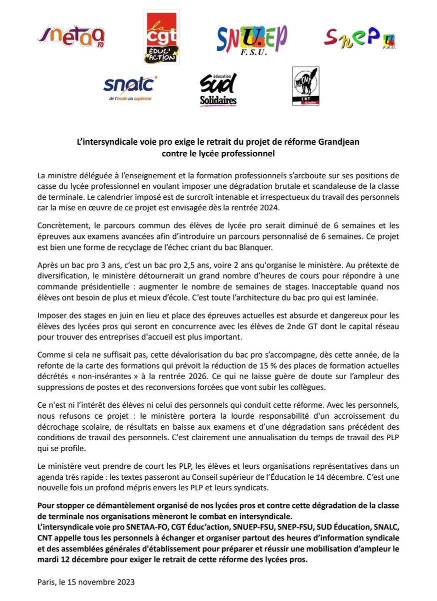 Appel à la grève le 12 décembre! Pour que le lycée pro soit un lycée émancipateur pour la jeunesse et non une antichambre du patronat! Contre le projet de casse de la voie pro de la ministre Grandjean! #sauvonslesLP #lyceepro #12decembre