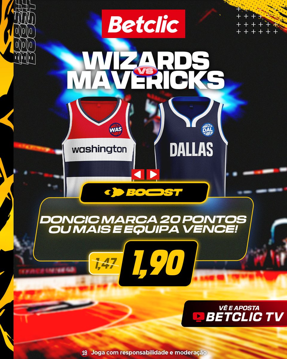 🚀🏀 Aqui está a #BoostBetclic de hoje, segue para a NBA! Doncic cumpre com um belo jogo e ajuda os Mavericks a vencer?

- De 1,47 para 1,90
- Aposta Limitada