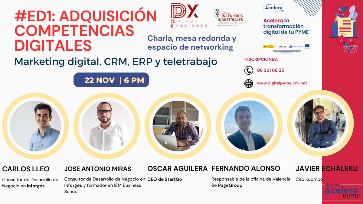 IndustrialesCV's tweet image. 🎓 Con los expertos Carlos Lleó  de @inforges Jose Antonio Miras de @inforges y formador en @IEM_BS Oscar Aguilera de #StartGo, Fernando Alonsode @michaelpage_es y Javier Echaleku de #kuombo

📅22/11🕒de 18h a 20h📍 Online por YouTube del COIICV y presencial en @levante_emv