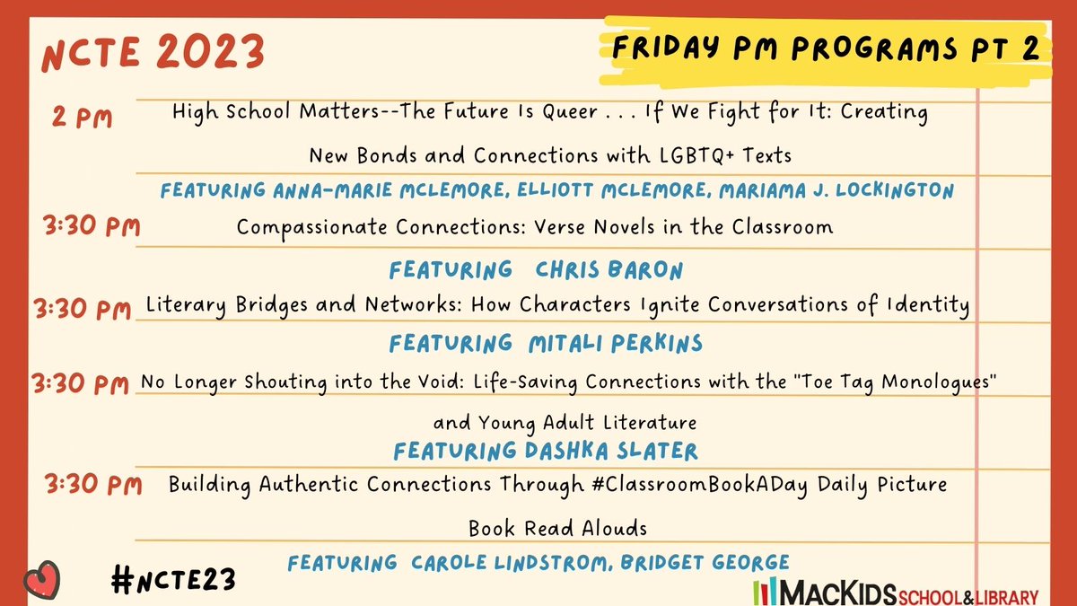 Friday afternoon at #NCTE23 is stacked with exciting programs about LGBTQ+ texts, verse novels, identity, and the #ClassroomBookADay movement! Join @carolelindstrom, @dashkaslater, @bridgetsioln, @mitaliperkins, @baronchrisbaron, @marilock, @laannamarie, & Elliott McLemore! 📚🗓️