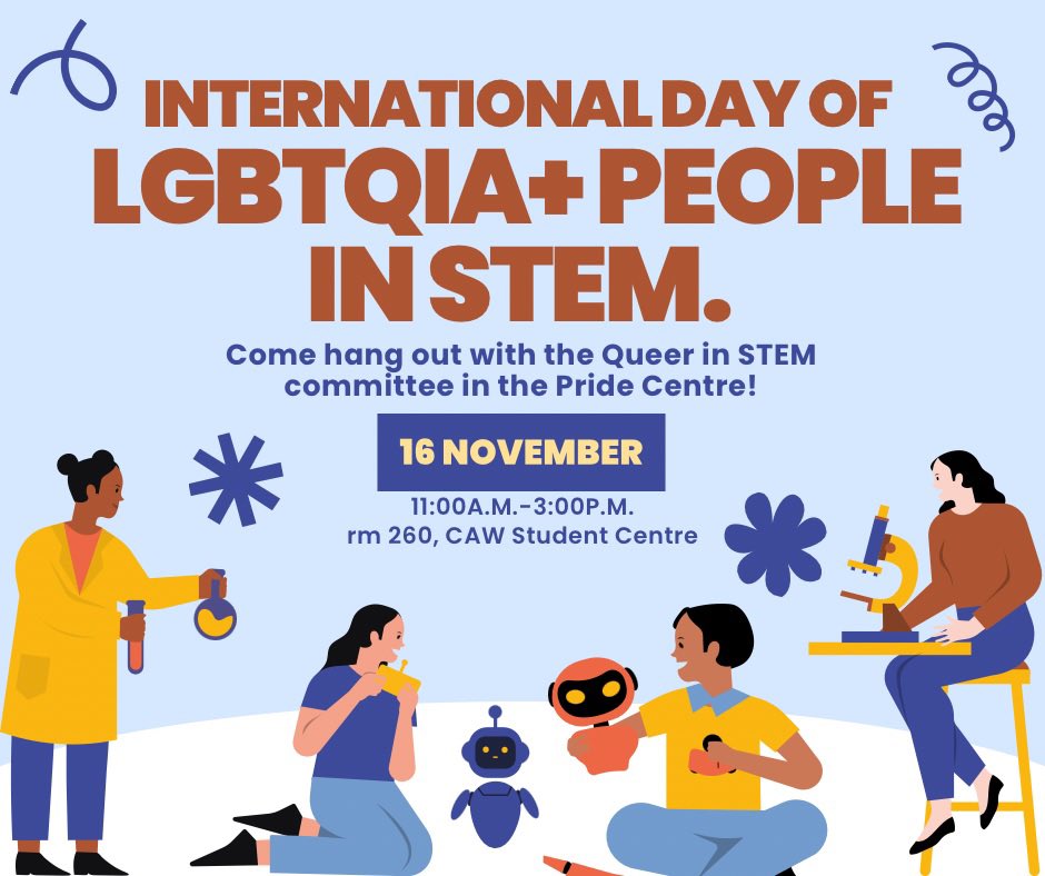 queerinstem21's tweet photo. come join us in the pride centre this thursday for a hangout in honour of international day of LGBTQIA+ people in STEM! we look forward to seeing you there! https://t.co/tl2MaL0c1K