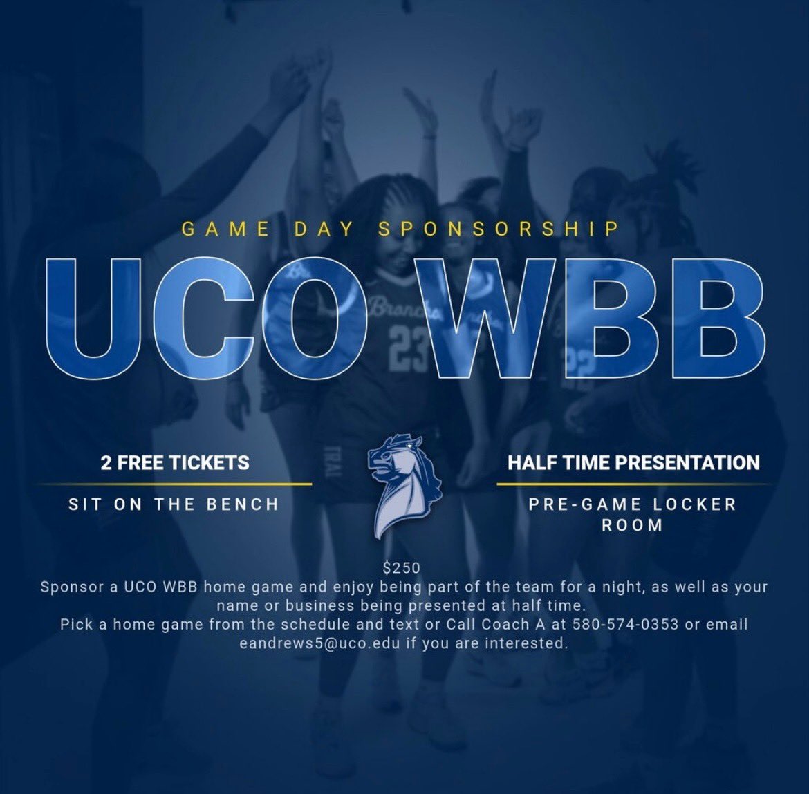 UCOWBB's tweet photo. Sponsor a UCO game and get two tickets to sit on the bench and be a part of our team and locker room before the game! Email Coach
Andrews at eandrews5@uco.edu @ucoathletics https://t.co/tGlHYldJ1b