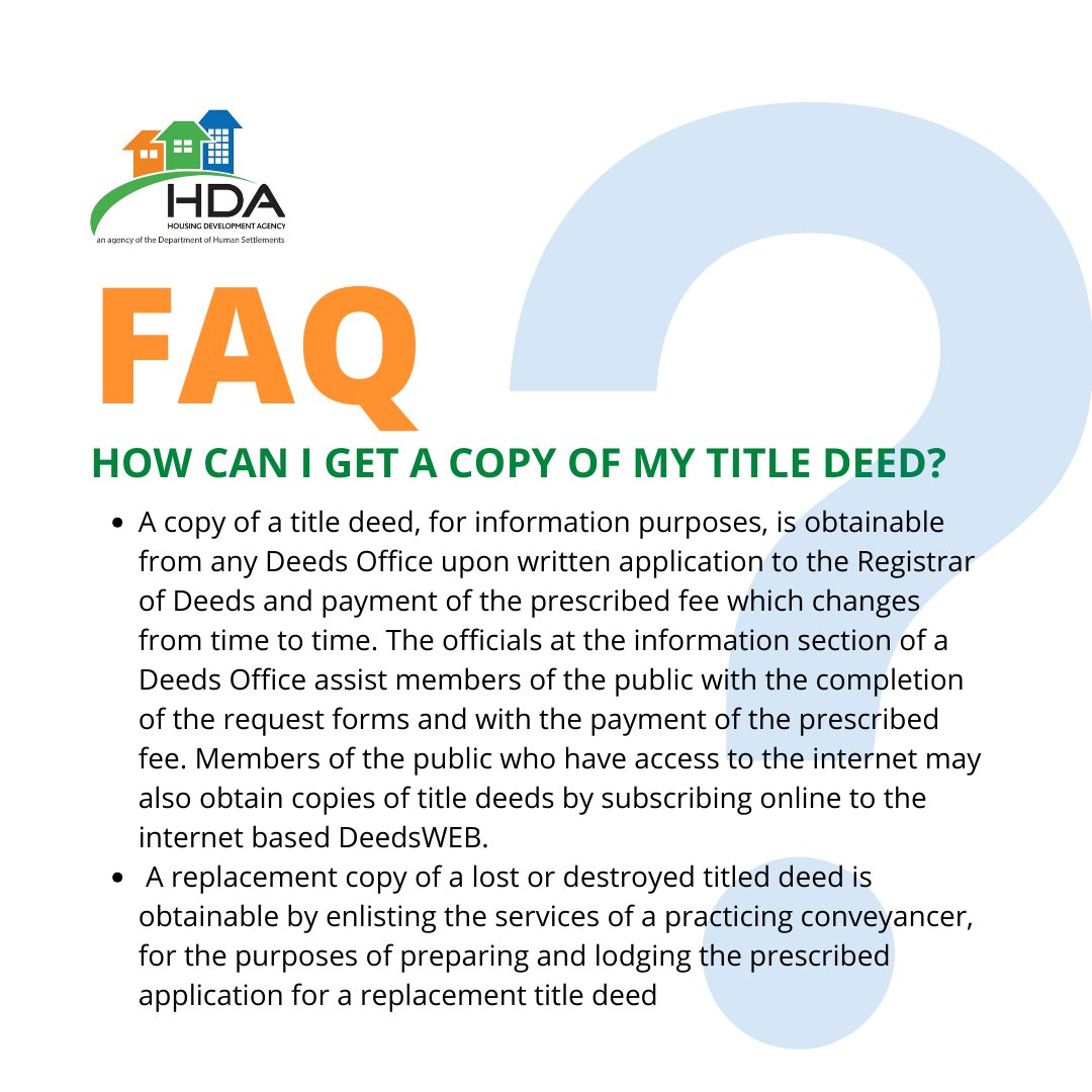the_hda's tweet image. HOW CAN I GET A COPY OF MY TITLE DEED? Read full description in the graphic below! Visit deeds.gov.za for more information.

#TheHDA #DHSProjects #HdaAtWork  #RDPHousing #titledeeds