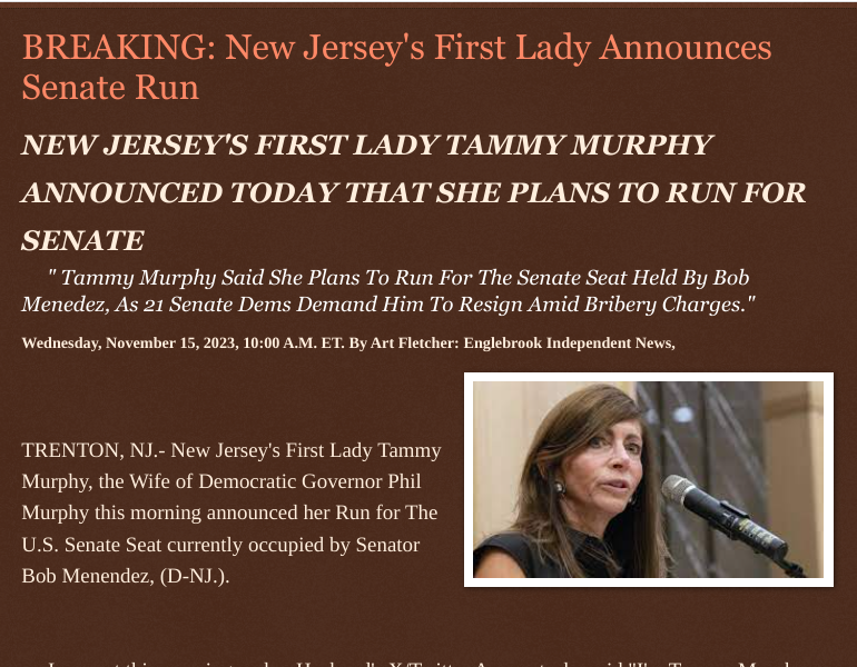 ArtFletcher9's tweet photo. Wednesday, November 15, 2023
#BREAKING: #NewJerseys #FirstLady Announces #SenateRun #NEWJERSEYS FIRST LADY #TAMMYMURPHY ANNOUNCED TODAY THAT SHE PLANS TO RUN FOR #SENATE @USSenate @BobMenendezNJ @wireless_step @HRG_Media @LodiNJNews @CitizenFreePres @Breaking911 @Breaking24_7 @NJGovNews @USATRUMPMAN1 @gator4kb18 @MichelleF_35 @GovMurphy @TheDemocrats @MagaisLife @MagaPatriotHM @Heather46389844 @CandaceCan88 @SugarMAGA @BrickCityDevilz @USAO_NJ @TrumpWasRite @debbie84620046 @ECOAlphaTango @realDonaldTrump